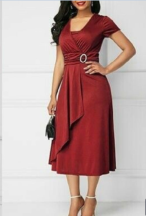Women's Sexy Asymmetric Large Swing High Waist Mid-length Solid Dress