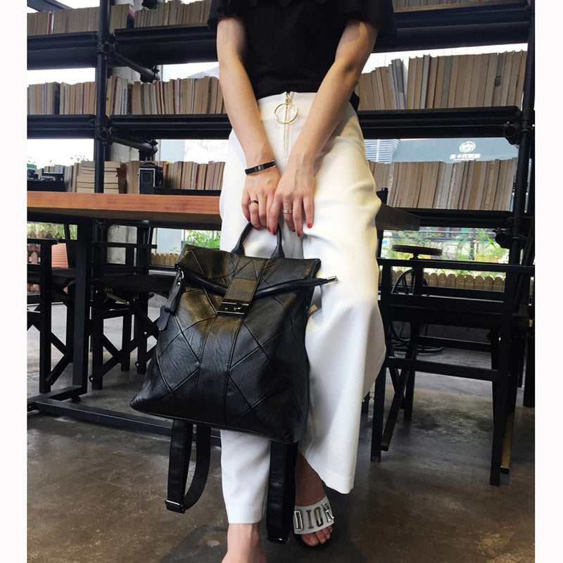 Women's Soft Leather Stitching Fashion Korean Twist Backpacks