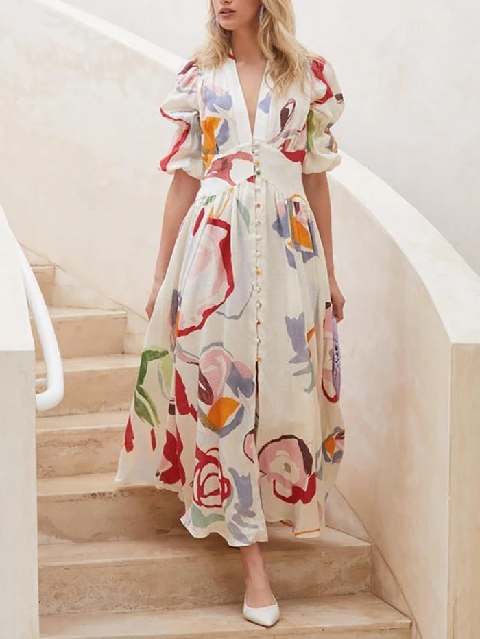 Women's Spring Beach Slim Fit Large Swing Elastic Printing Dress