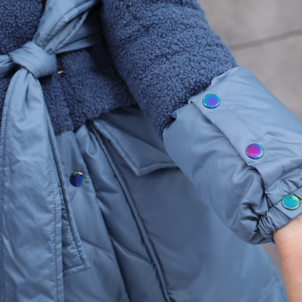 Women's Turtleneck Blue Fashionable With Faux Cashmere Stitching Down Jackets