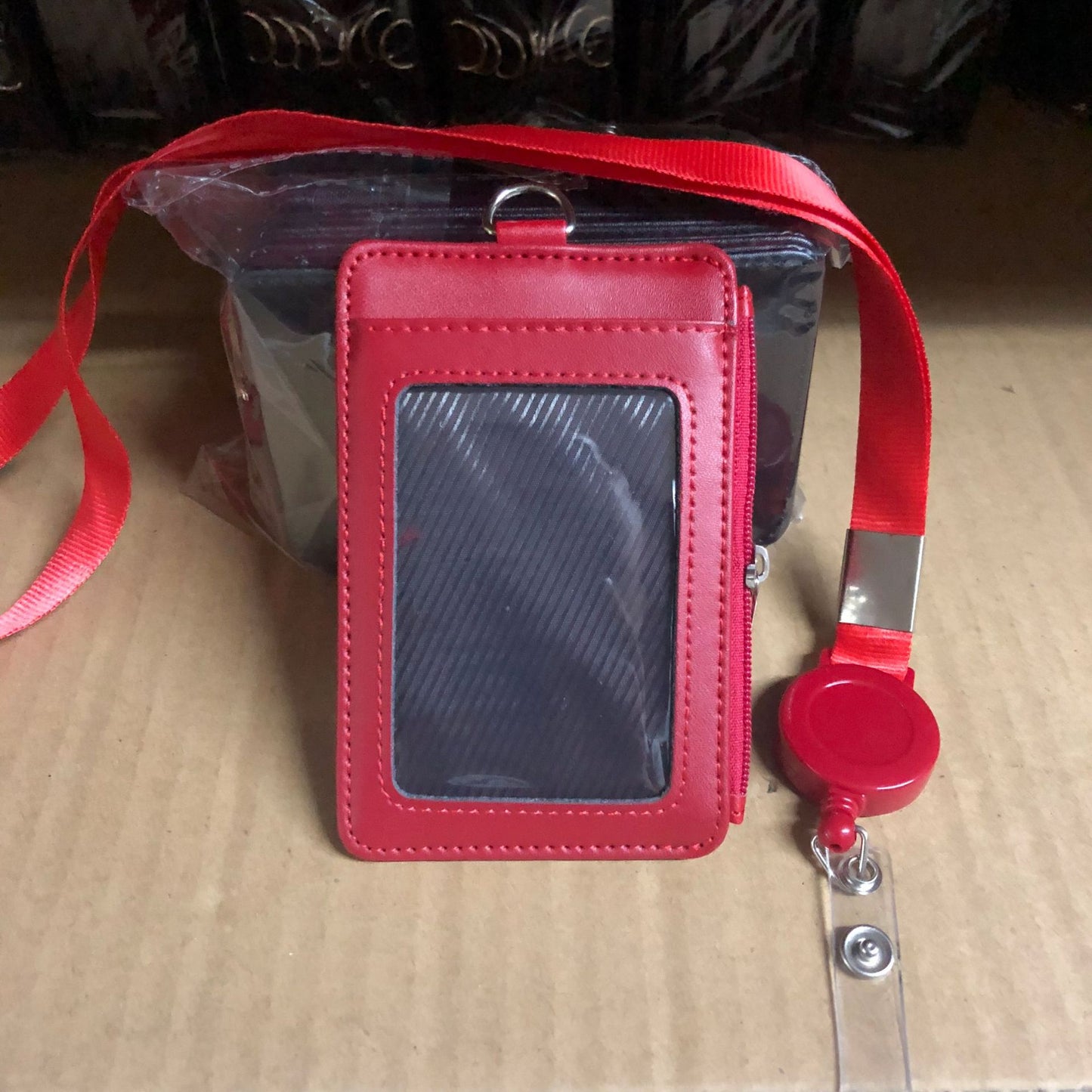 Leather Zipper Work Lanyard Staff Cover Card Holder