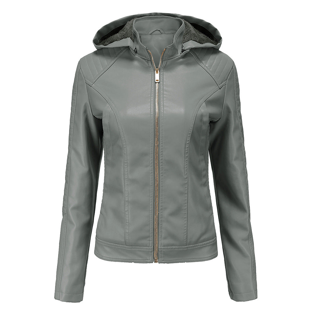 Women's Fleece-lined Leather Hooded Warm Leisure Plus Size