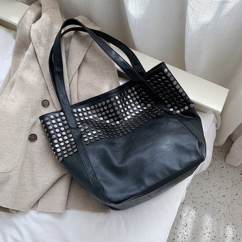 Women's Fashion Rivet Large Capacity Shopping Portable Shoulder Bags