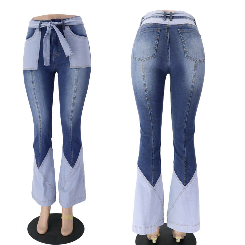 Women's Waist Two-color Stitching Belt Quality Denim Pants
