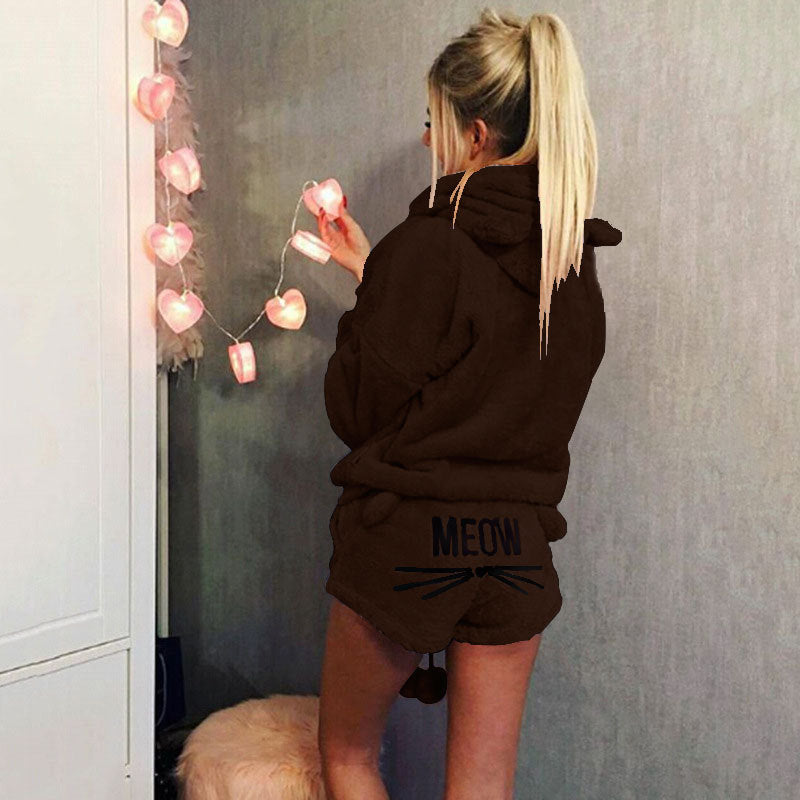 Women's Autumn Cat Embroidery Pajamas Hooded Casual Two-piece Women's Sweater, Sweater