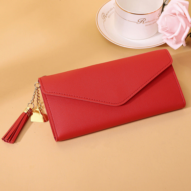 Women's Zipper Tassel Pendant Litchi Pattern Tri Ladies Wallets