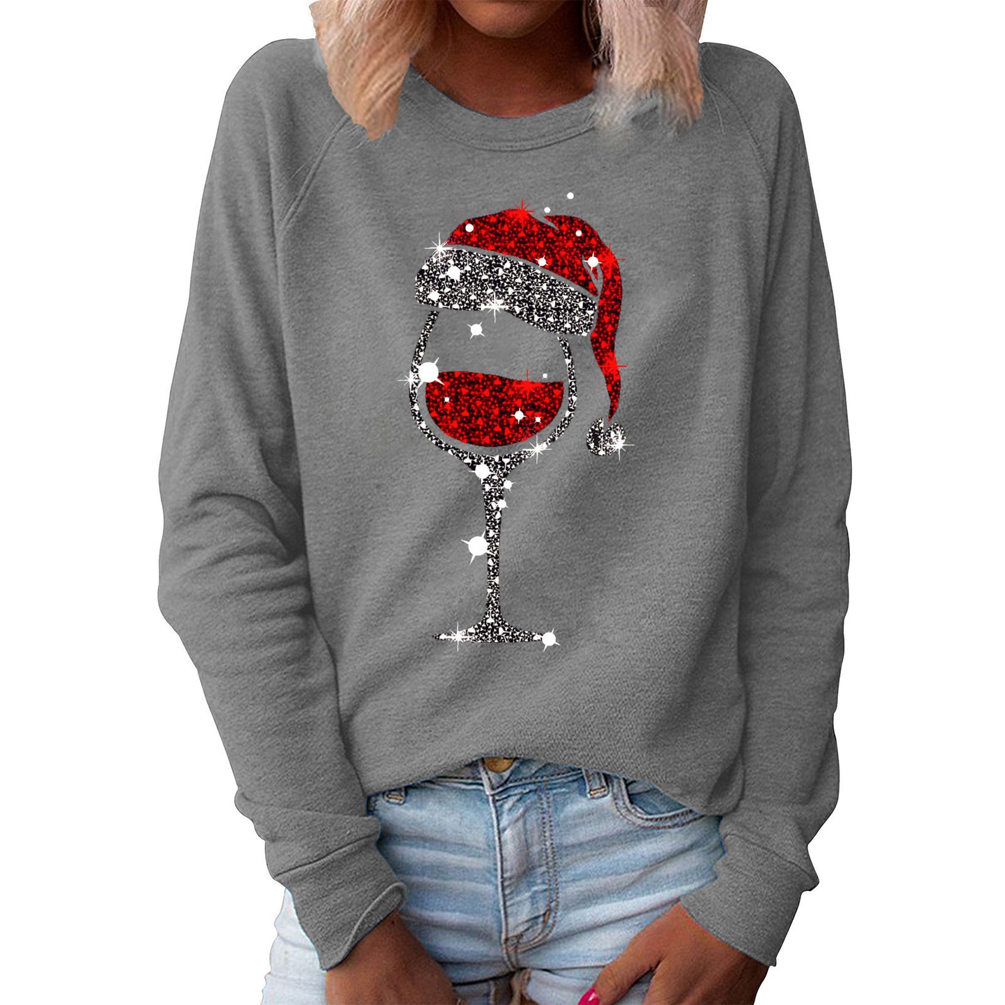 Women's Red Wine Glass Graphic Print Crew Neck Long-sleeved Casual Women's Sweater, Sweater