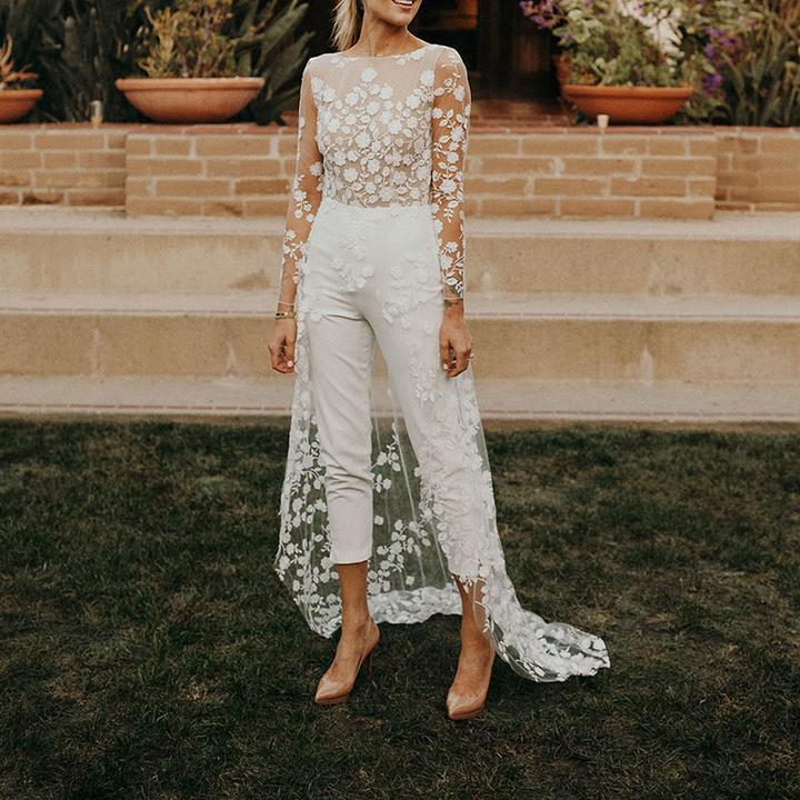 Women's Long Sleeve Lace Trench Fake Two Pants