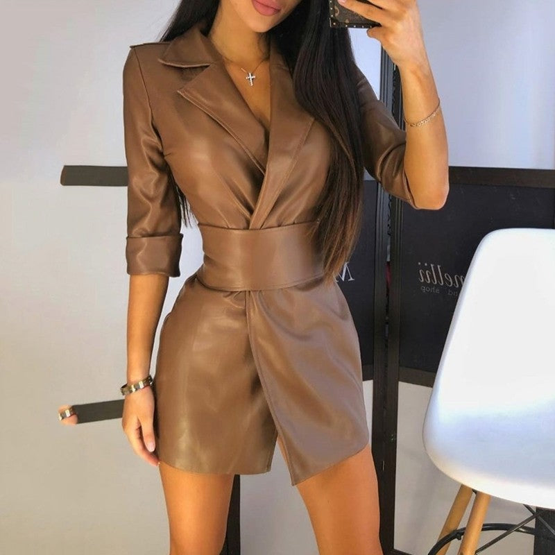Women's Color Leather Collar Long Sleeve Dress Jackets