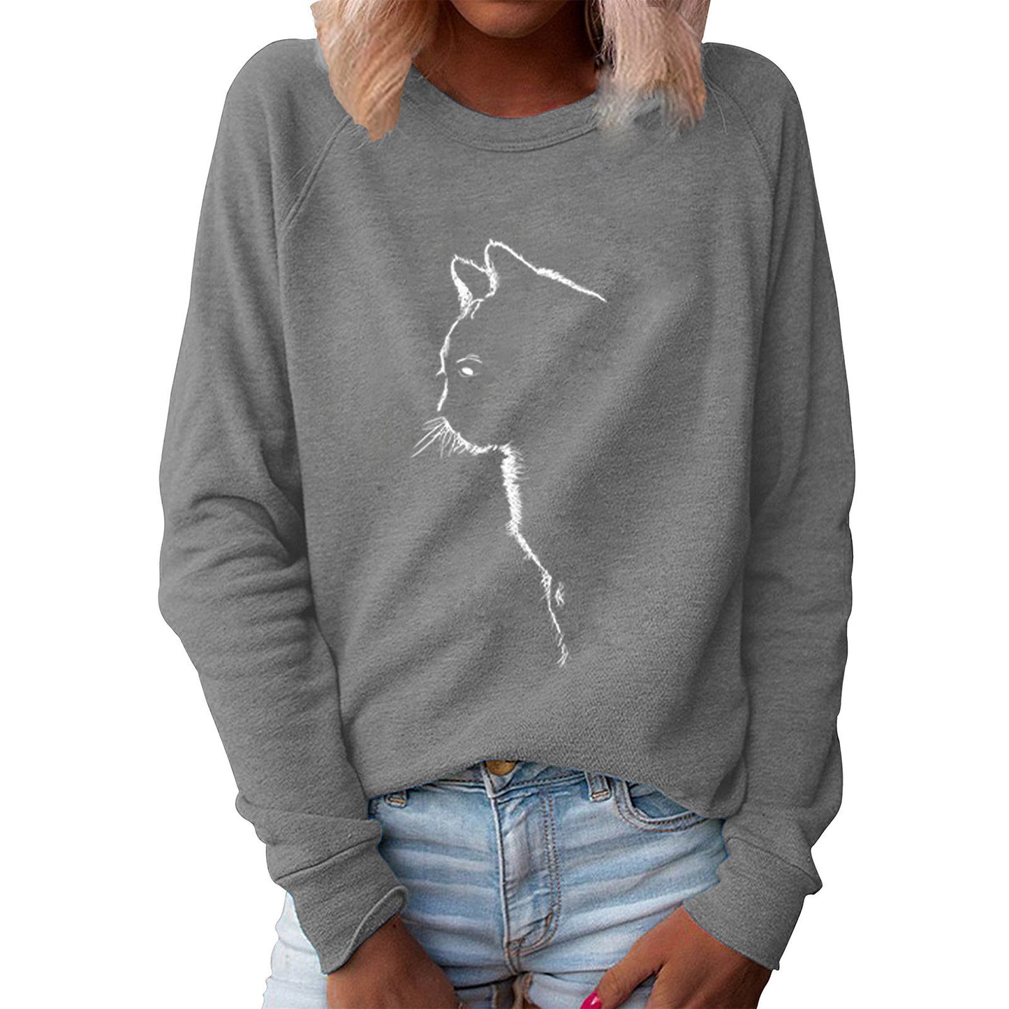 Women's Autumn Cat Creative Printing Round Neck Long Women's Sweater, Sweater