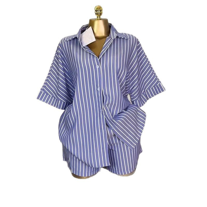 Women's White Striped Loose Shirt High Waist Suits