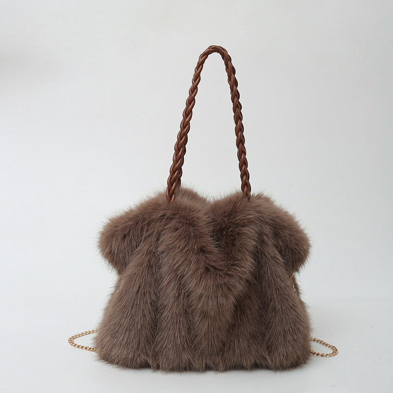 Women's Fashion Pleated Imitation Fox Fur Large Shoulder Bags