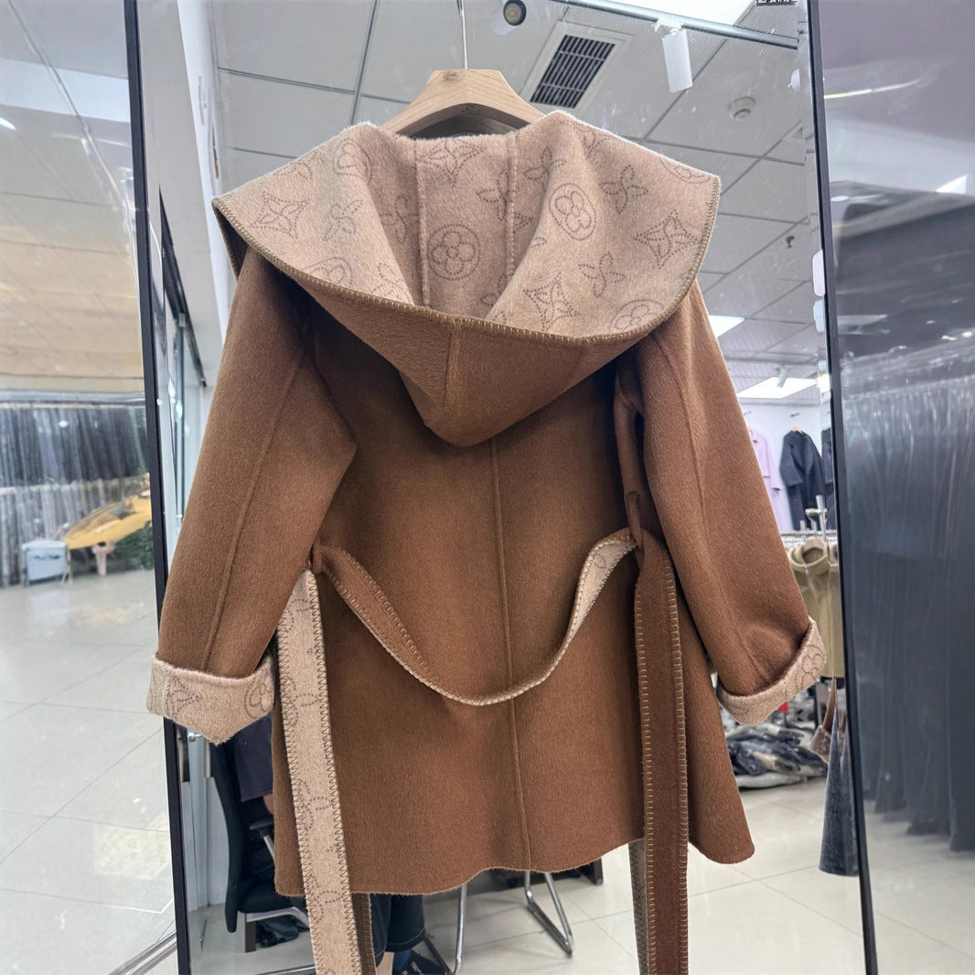 Women's Mid-length Jacquard Double-sided Wool Overcoat Hooded Coats