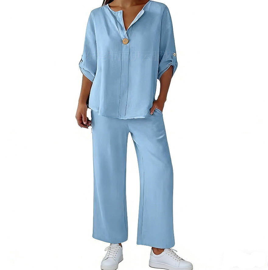 Women's Two-piece Simple Solid Color Sleeve Trousers Fashion Casual Suit