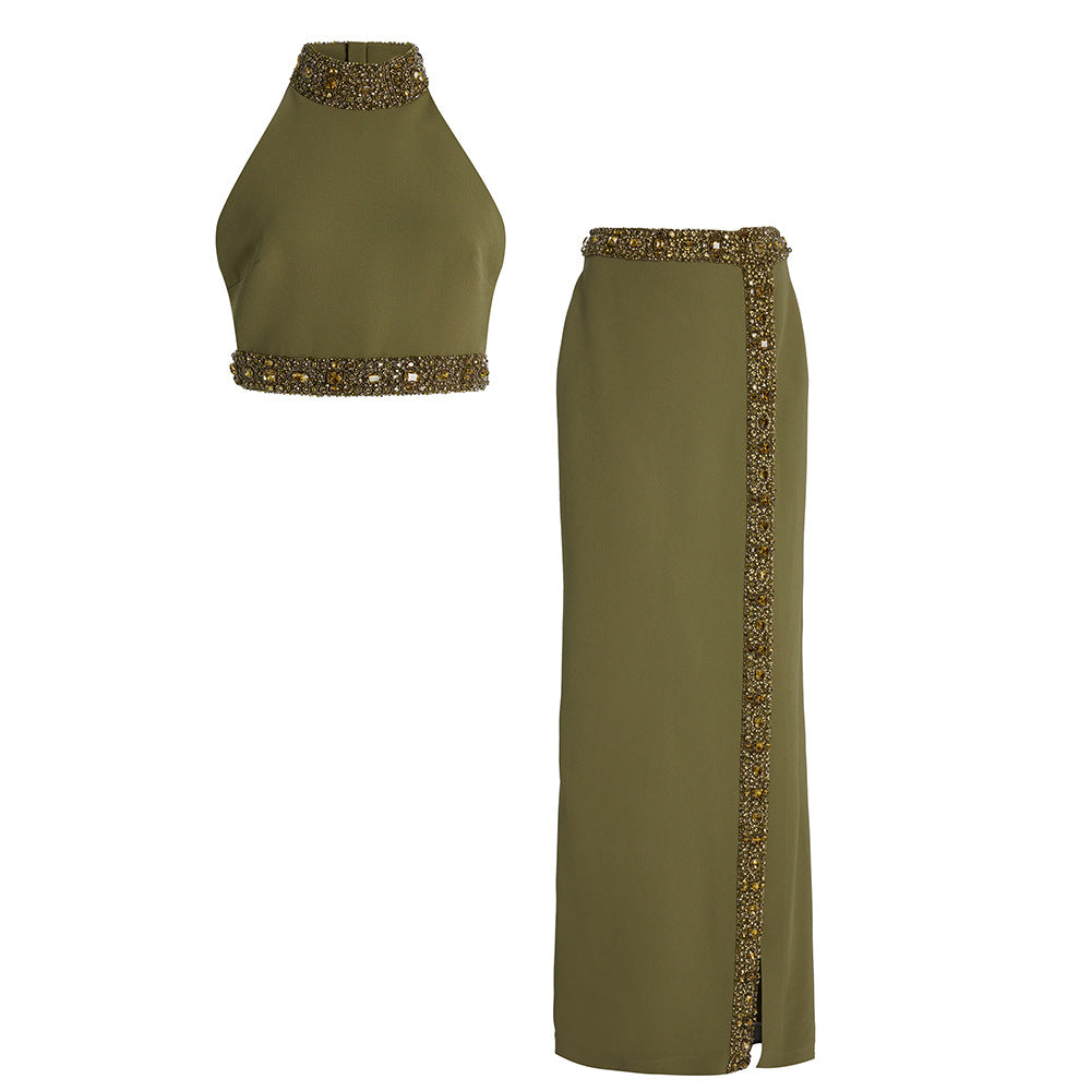 Beads Rhinestones Split Long Two-piece Set Fashion Casual Suit