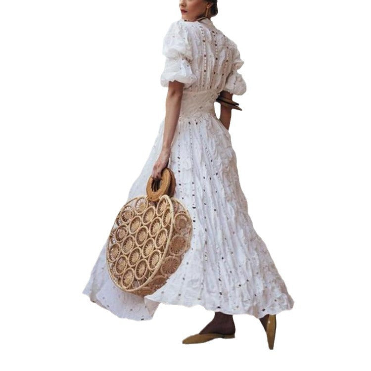 Women's Summer Deep V Puff Sleeve Lace Dresses