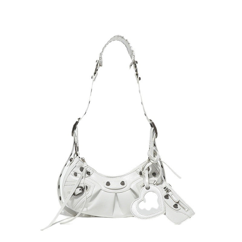 Women's Motorcycle Underarm Leather Folds Selenodont Rivet Shoulder Bags