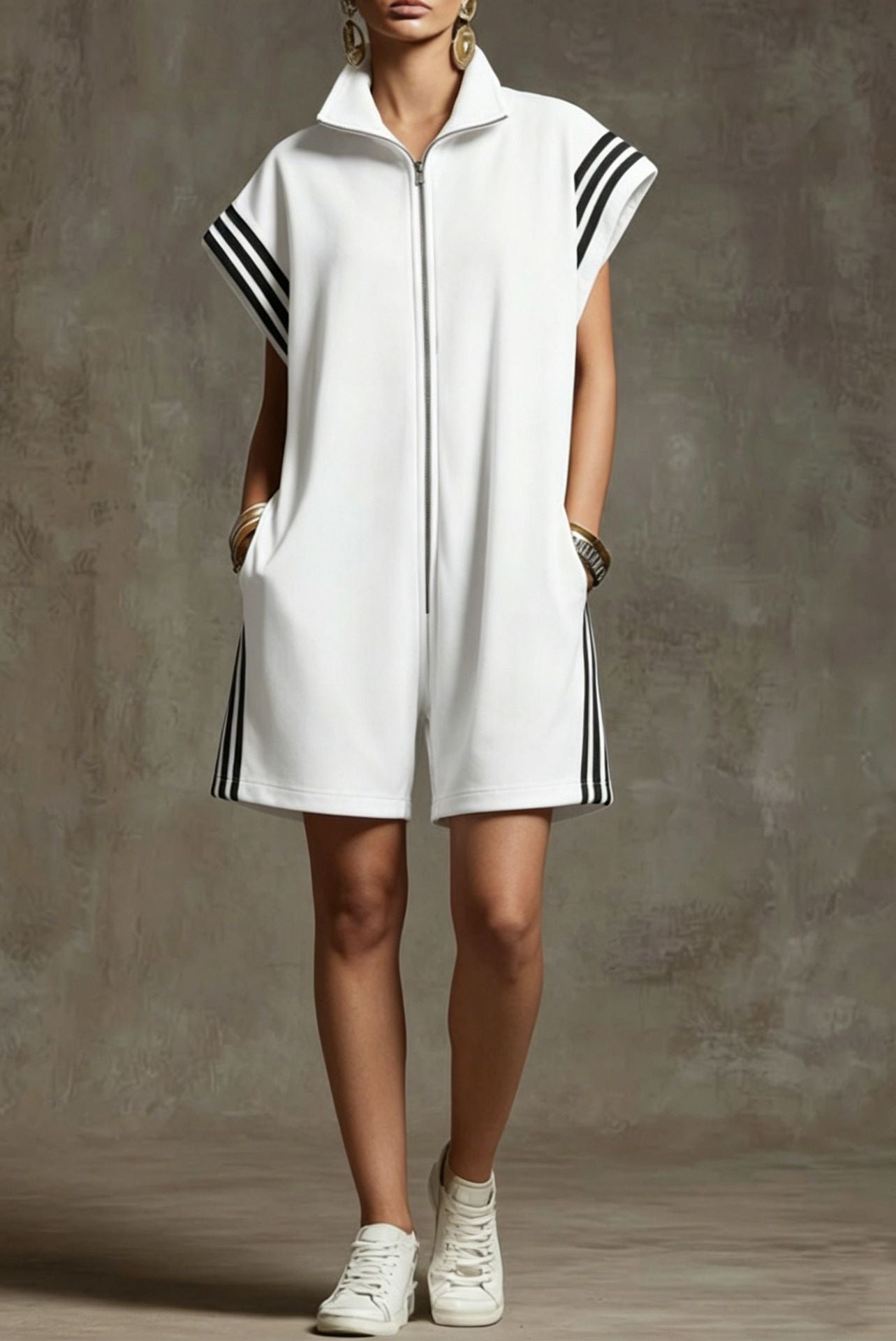 Women's Stand Collar Casual Zipper Striped Contrast Color Clothing