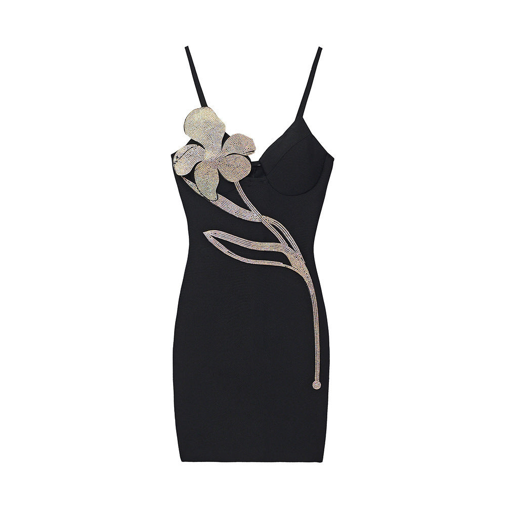 Sexy Strap Large Flower Rhinestone Bandage Dresses