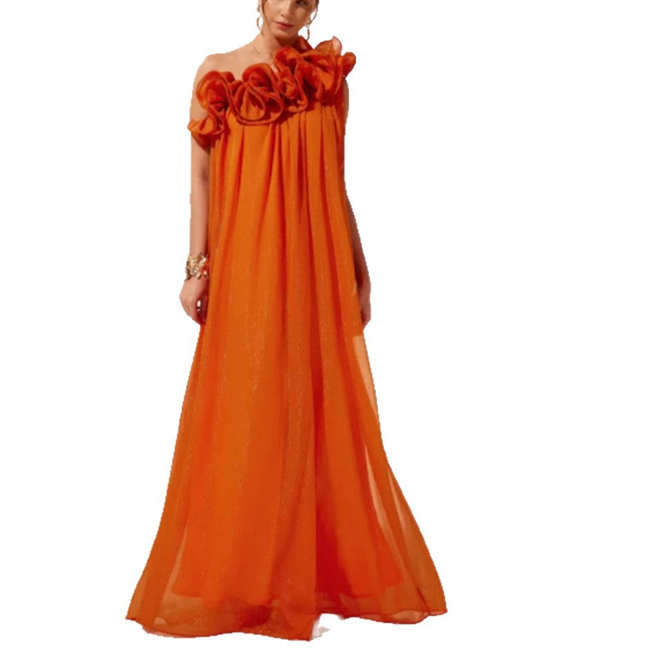 Women's Solid Color Three-dimensional Embossed Strapless Sloping Dresses