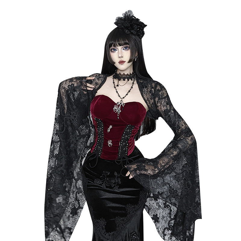 Gorgeous Gothic Three-dimensional Lace Flower Halloween Black Versatile Blouses