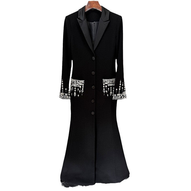 Fashion Bead Diamond Tailored Collar Fishtail Dress
