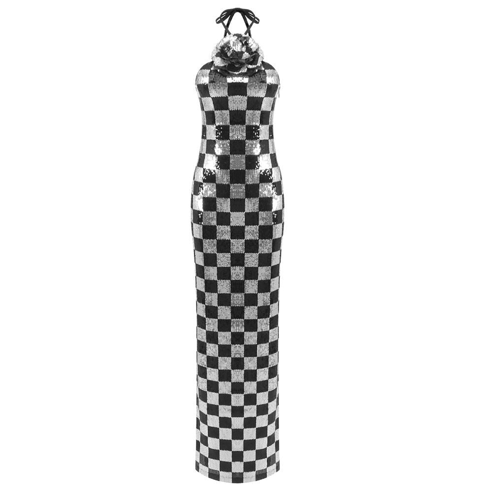 Women's Spring Long Dress Black White Plaid Dresses