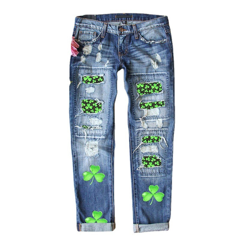 Women's Clover Printed Mid Waist Straight Jeans