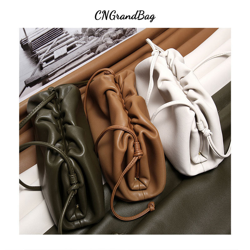 Women's Color Soft Cowhide Pleated Dumpling Fashion Trendy Crossbody Bags