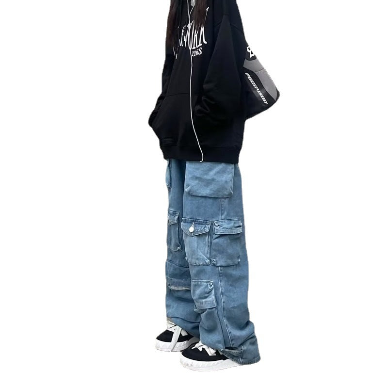 Women's Zipper Light Color Water Scrubbing Overalls Trousers Jeans