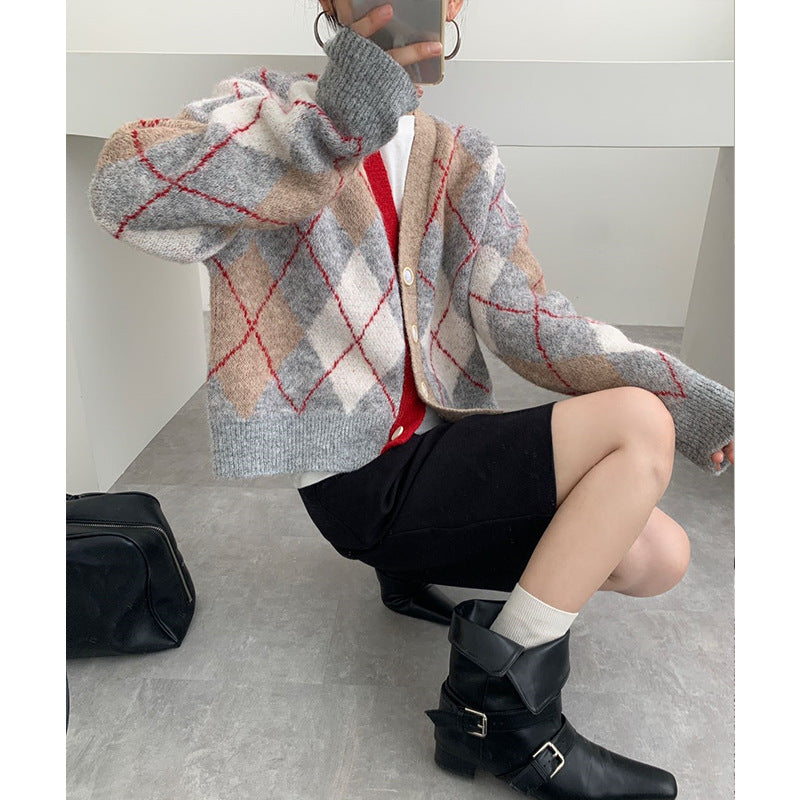 Women's Rhombus Knitted Design Niche Loose Preppy Knitwear