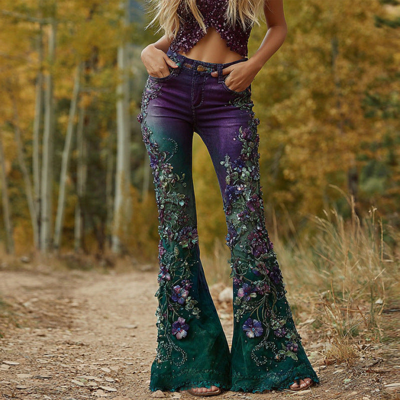 Women's Digital Printing Fashion Slimming Denim Bell-bottom Jumpsuits