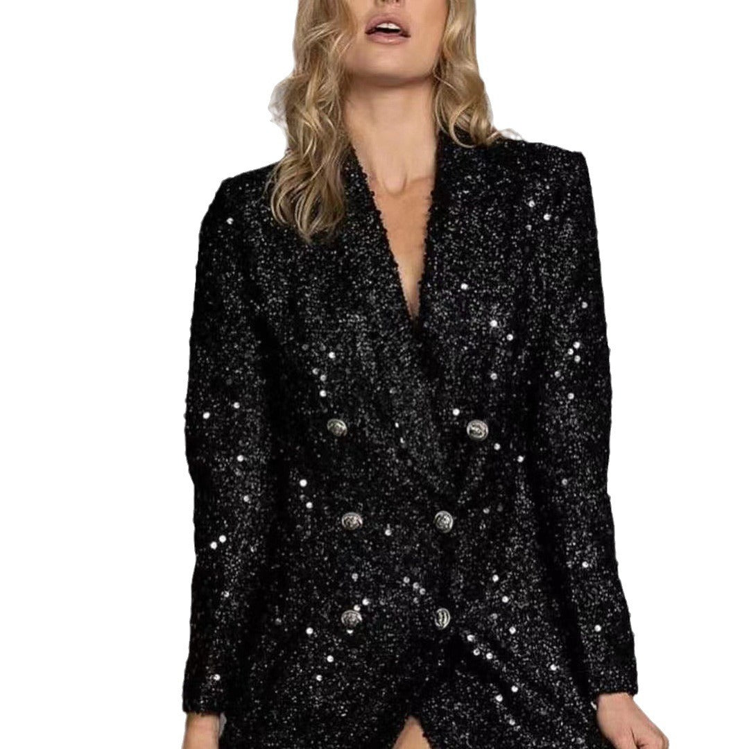 Double Breasted Black With Paillettes Slim Fit Long Suits