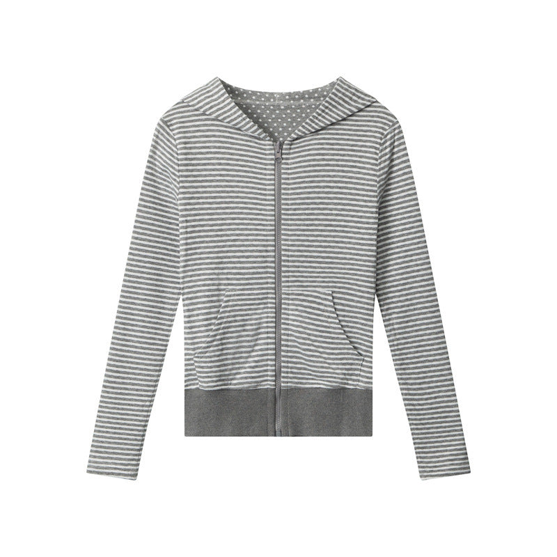 Women's Striped Dotted Two-sided Wear Design Hooded Sweaters