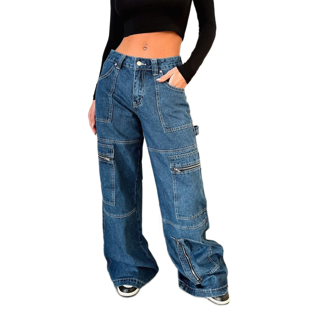 Women's American Retro High Waist Work Clothes Wide Leg Mopping Jeans