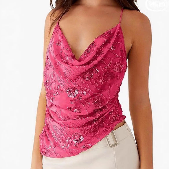 Sequined Summer Sleeveless Back Strap Sexy Backless Tops
