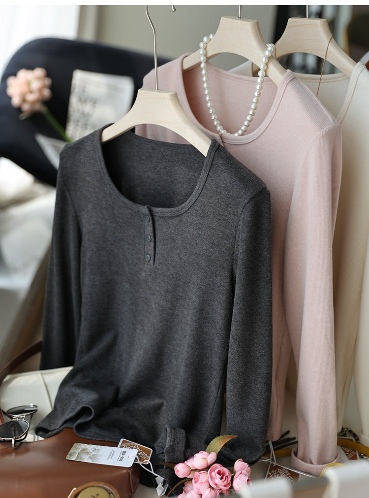 Warming Word Heating Brushed Round Neck Bottoming Blouses