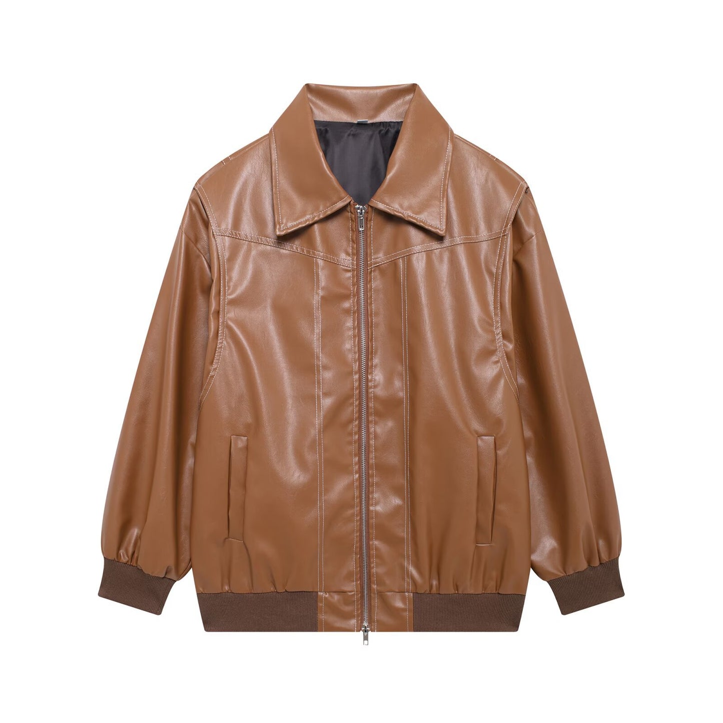 Women's Two-color American Retro Lapels Loose Leather Jackets