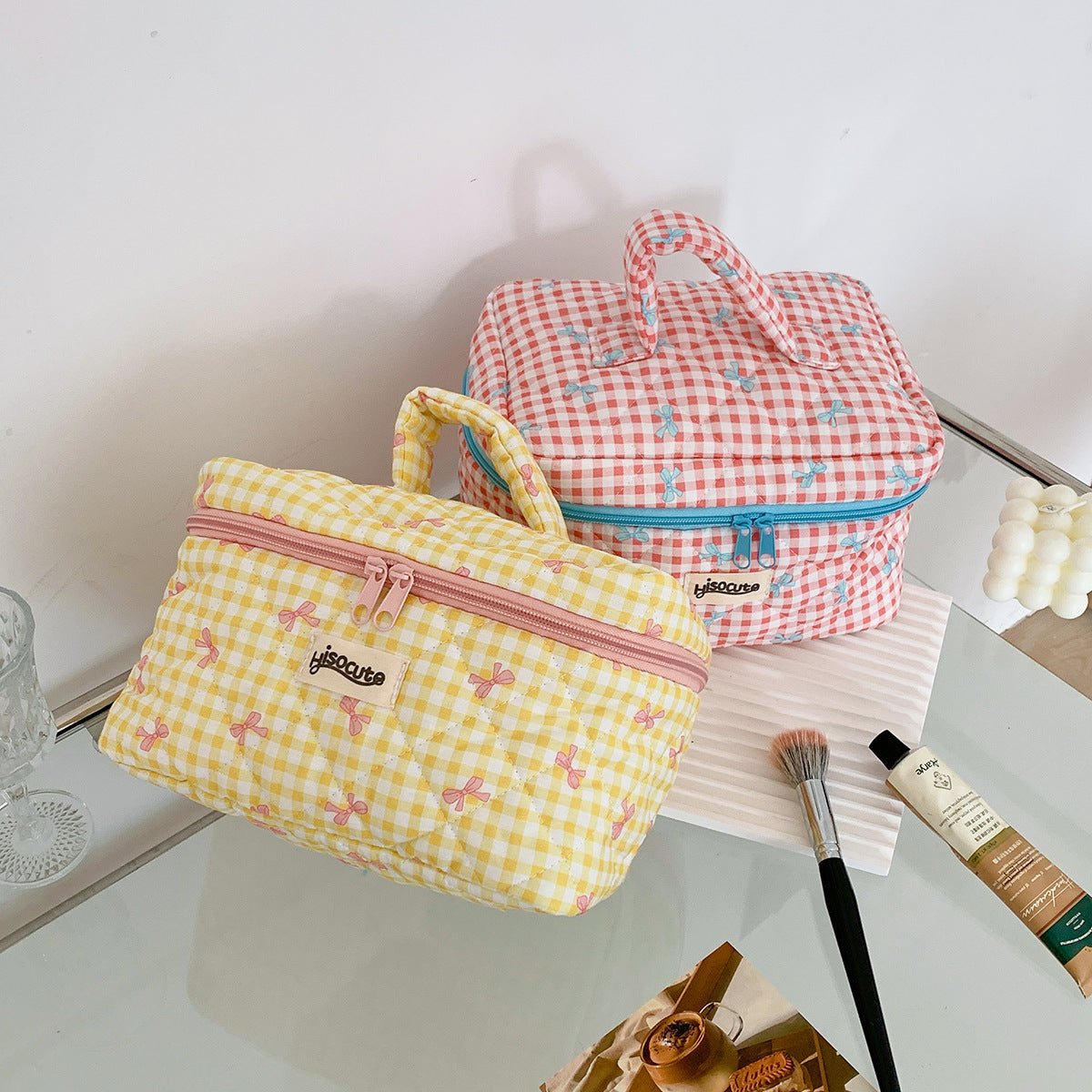 Simple Plaid Korean Style Bow Large Cosmetic Bags