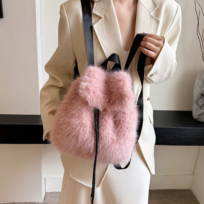 Women's Faux Fox Plush Fashion Drawstring Flip Backpacks