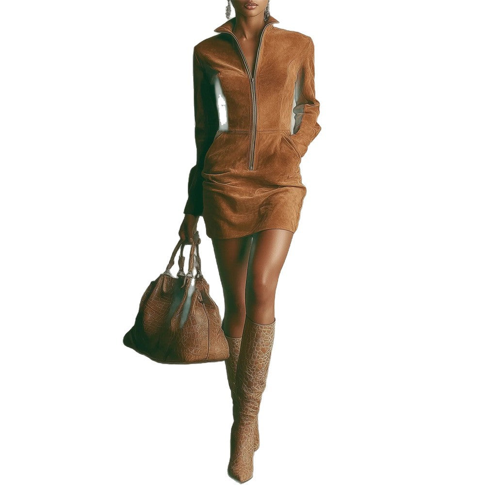 Women's Glamorous Suede French Zipper Dress Dresses