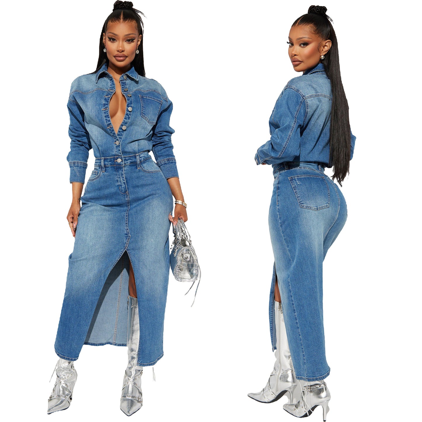 Women's Fashion Wear Long Sleeve Denim Trench Dresses