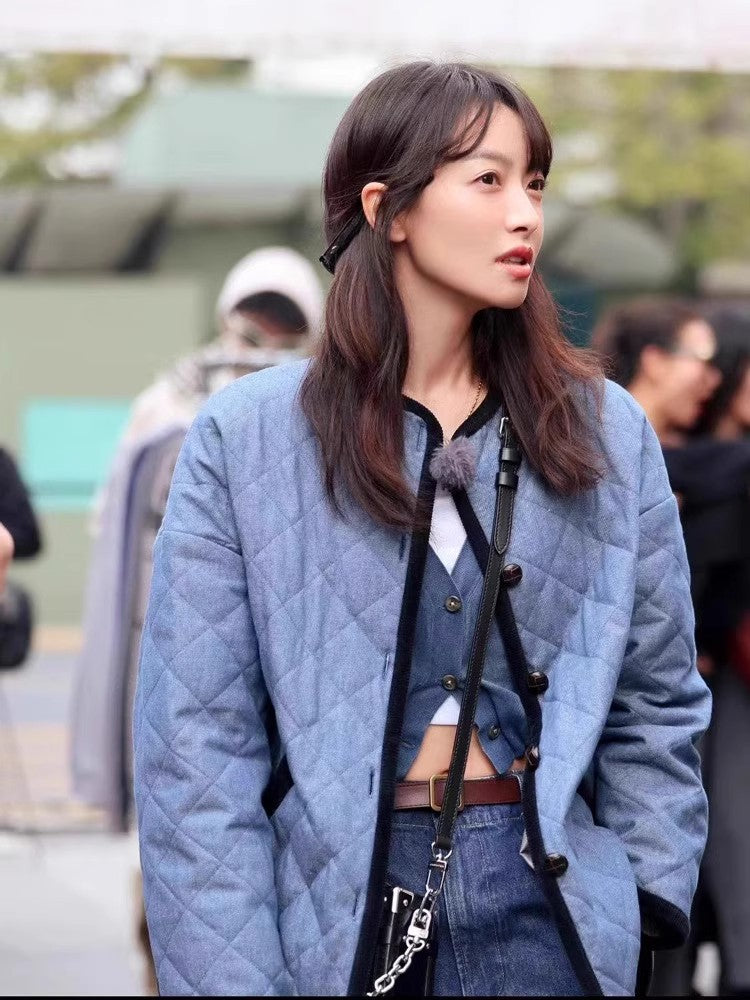 Less Song Blue Denim Quilted Rhombus Coats