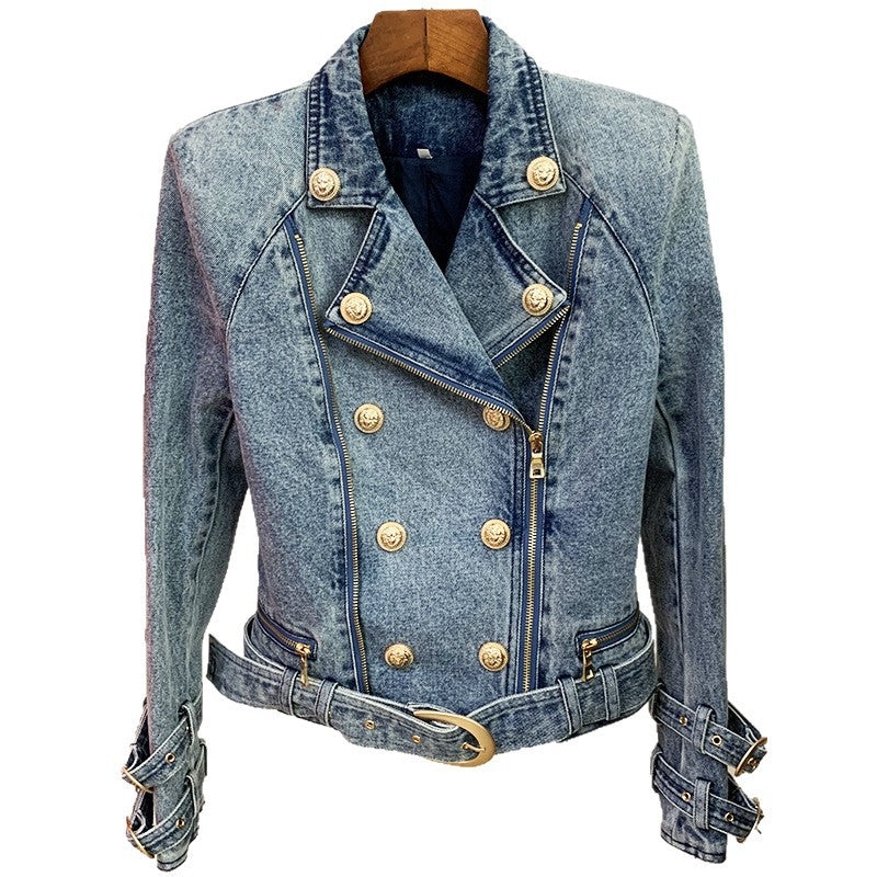 Women's Lion Buckle Double Zipper Washed Denim Jackets