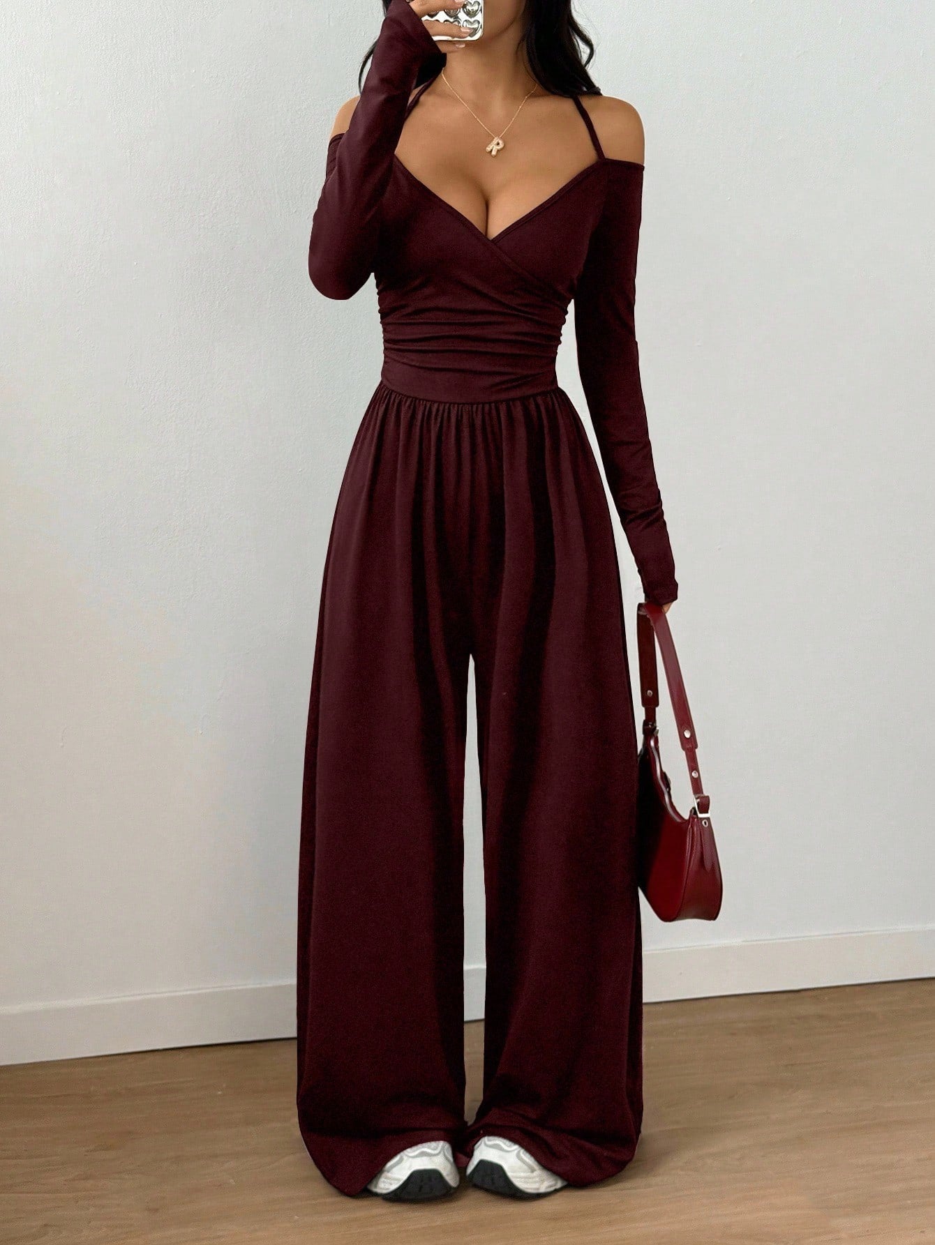Women's Halter Long Sleeve Tight Waist Wide Leg Women's Jumpsuit/clothing