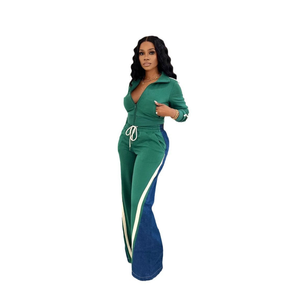 Women's Denim Thread Stitching Sport Two-piece Pocket Suits