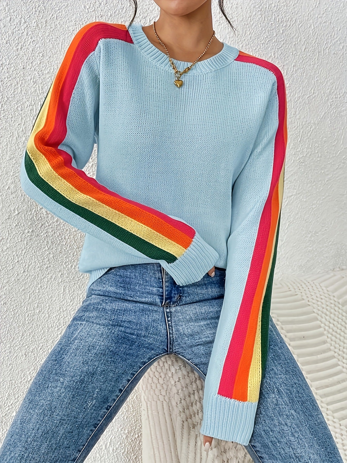 Casual Round Neck Contrast Color Loose Sweaters
