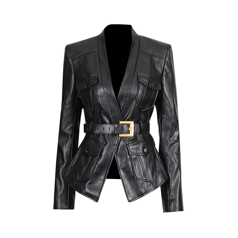 Women's Personality Deep Long Sleeve Matching Belt Jackets