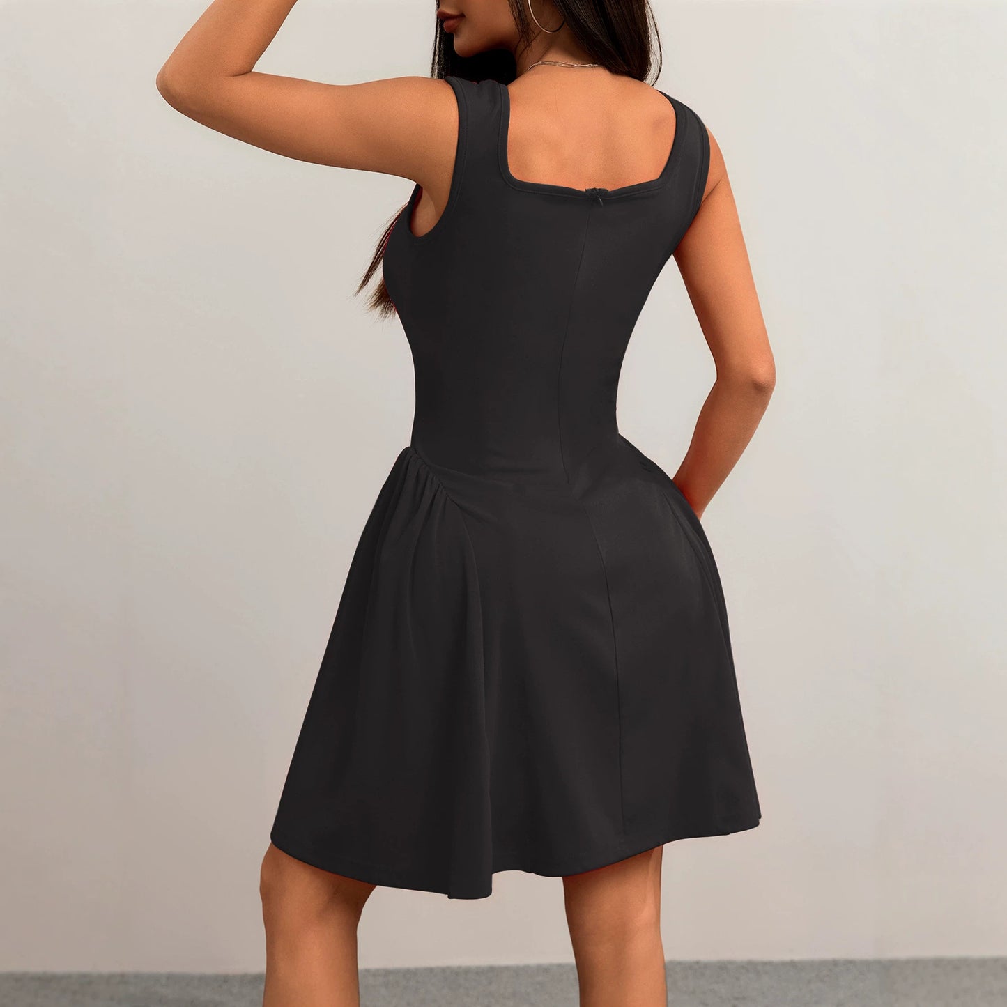 Women's Solid Color Square Collar Sleeveless Temperament Dress