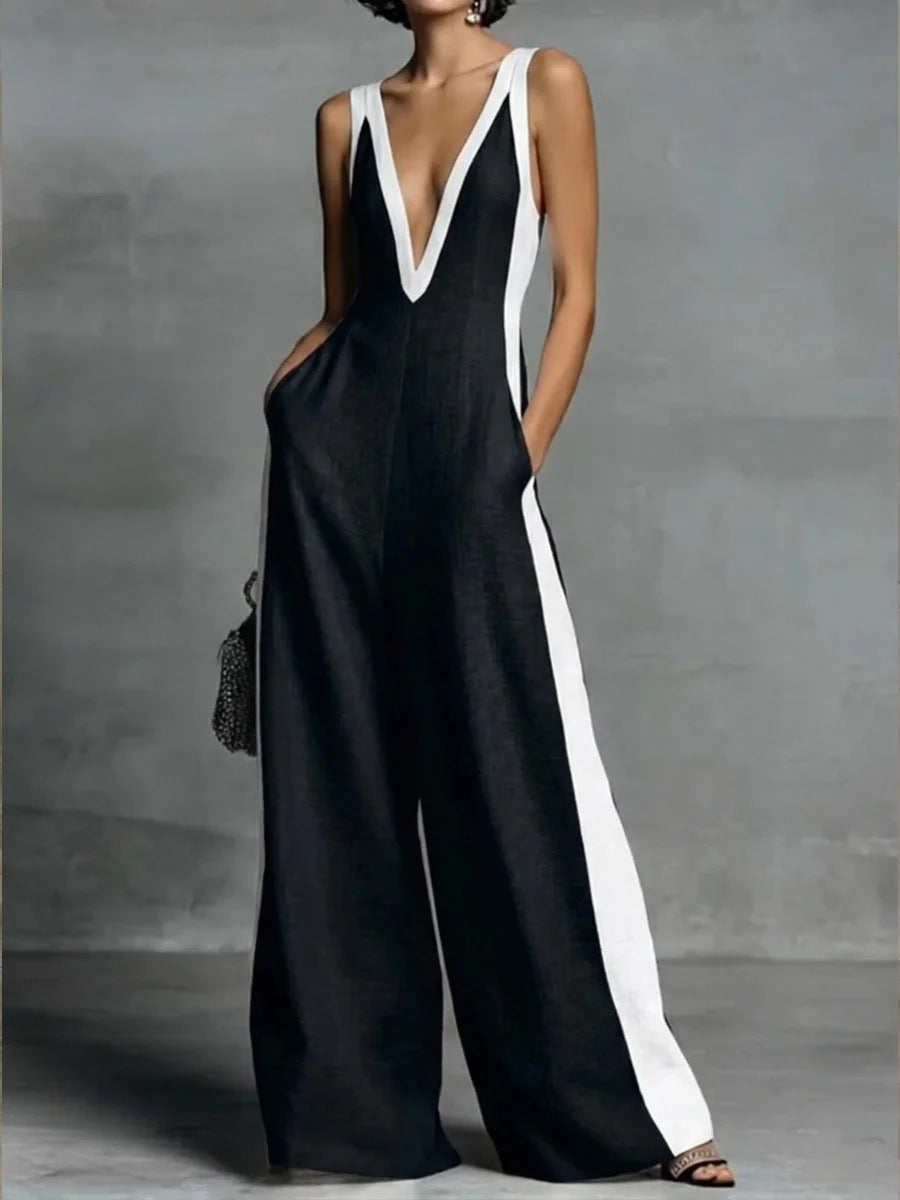 Women's Summer Fashion Wear Sleeveless Contrast Color Sling Wide Jumpsuits